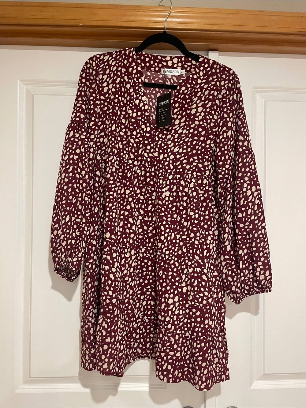 Anewora Burgundy & Cream Printed V-Neck Babydoll Dress